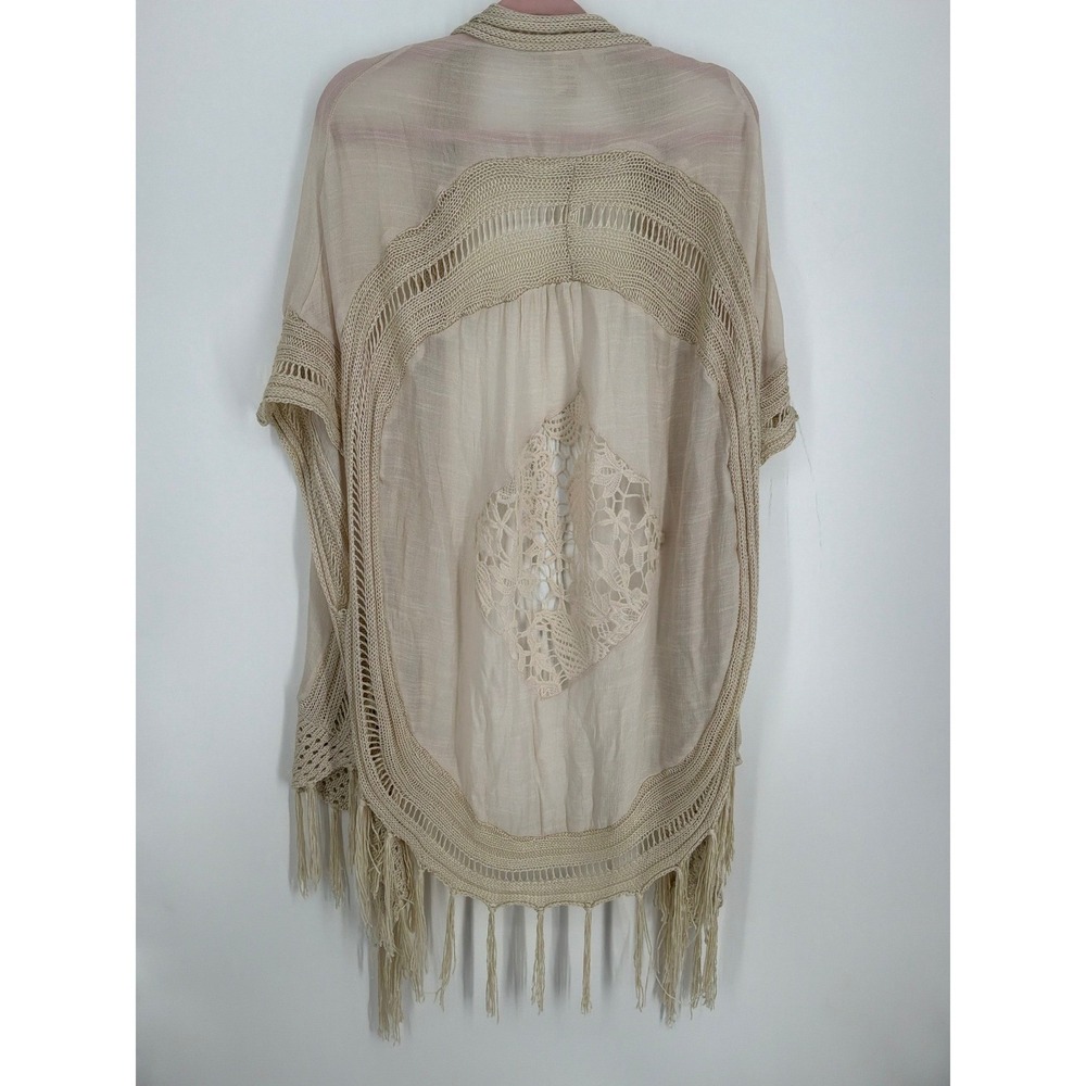 Forgotten Grace Women Beige Crochet Lace Fringe Kimono Cardigan L/XL  Boho